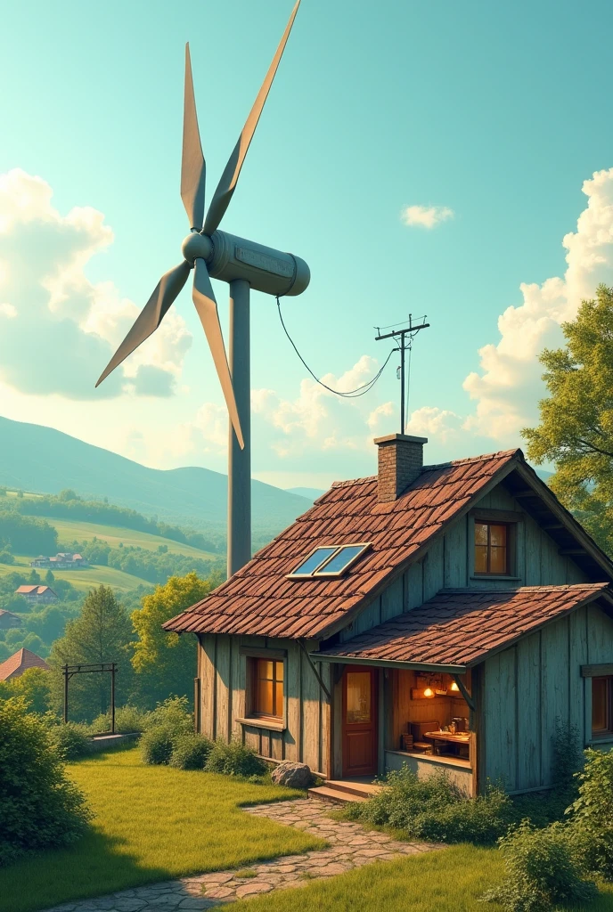 
It can be seen that a windmill is producing electricity outside a house and that it is allowing the kitchen to work by heating the kettle inside a house.