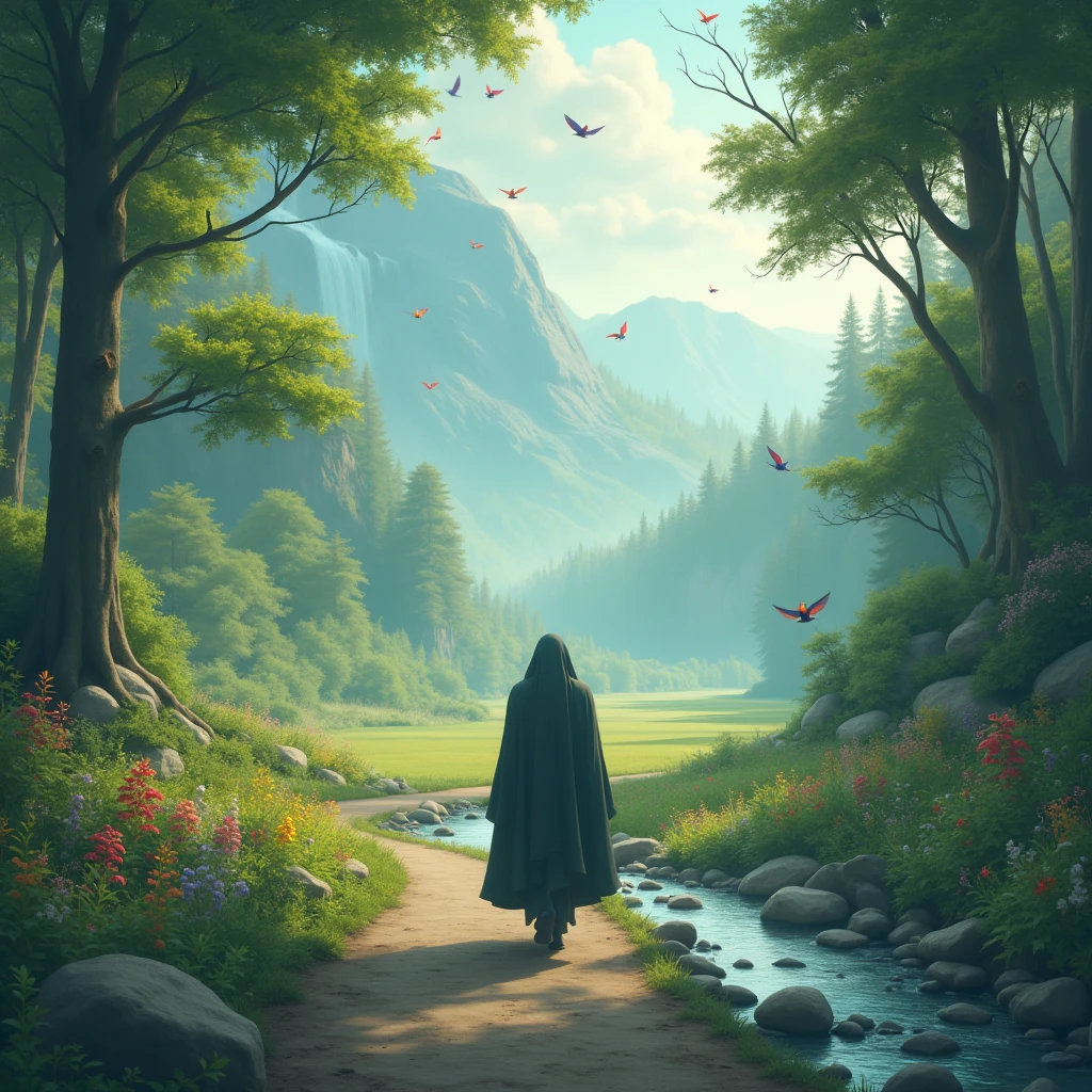 The land of immortality.
The cabuliwallah is walking, his features blurred, his entire body covered in a cloak. On one side of the road, there are trees of various sizes with flowers of different colors. On the other side of the road, there is a clear stream flowing over small and large stones, and beyond that, a vast green field. Small, colorful lovebirds are flying in the sky and sitting on the branches. In the distance, a waterfall cascades from the mountains.