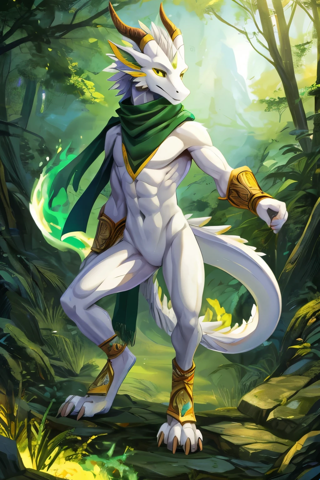 (anime), (front facing), (looking at the camera), slim furry white dragon using green fire magic, secondary body colors, (dark green, green and yellow undertones), smooth skin, very long muzzle, neck and tail fur, digitigrade, creative horns, feathers, (wearing only a scarf), nature background, full body