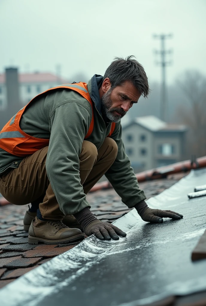 A man waterproofing a roof 
