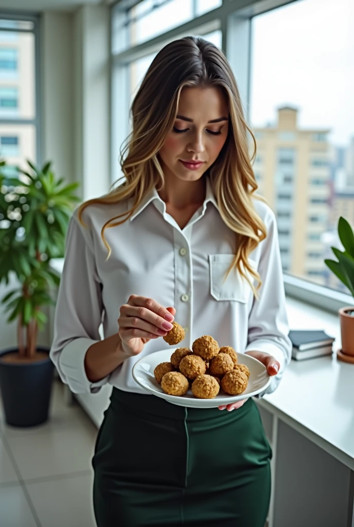 Secretary eating amaranth balls 