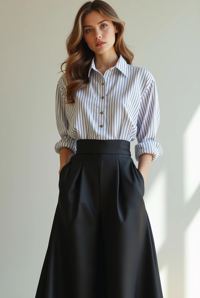Woman in striped shirt and black satin skirt 