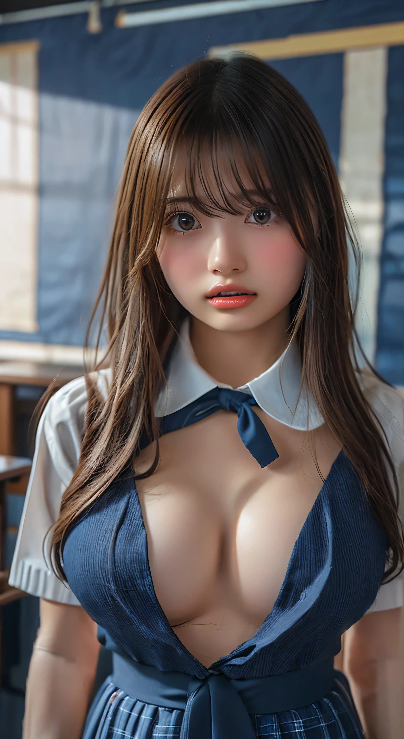 (Highest quality、Tabletop、、Best image quality、Award-winning works)、Extremely cute high school girl、破けたWhite polyester collared shirt、Short sleeve:1.4)、(Navy Pleated Skirt:1.1)、Girl portrait photography、Glowing Skin、Brown Hair、Are standing、View your viewers、Indecent random poses、(Classroom Background:1.45)、(Very large :1.8)、Accentuate your body lines:1.25)、Very large red ribbon tie、Very long hair:1.75、Sauce on the blouse((Pornogr magazines and video shoots for adult men))