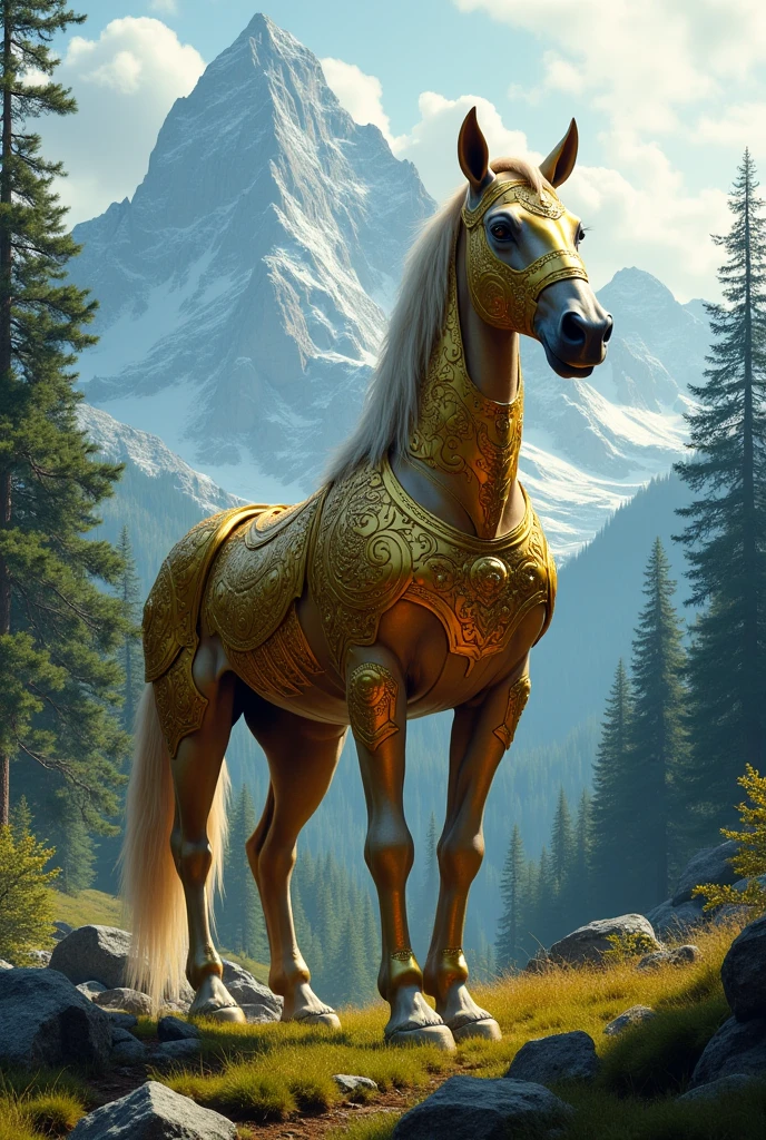A majestic centaur, half-human and half-horse, standing in a lush forest clearing, muscular body covered in intricate golden armor, holding a gleaming trident, expression fierce and determined, epic fantasy landscape with towering mountains in the background, dramatic lighting and vibrant colors, (best quality,4k,8k,highres,masterpiece:1.2),ultra-detailed,(realistic,photorealistic,photo-realistic:1.37),cinematic composition,dramatic chiaroscuro lighting,detailed muscular anatomy,highly detailed facial features,intricate armor textures,lush verdant forest environment,towering snow-capped peaks