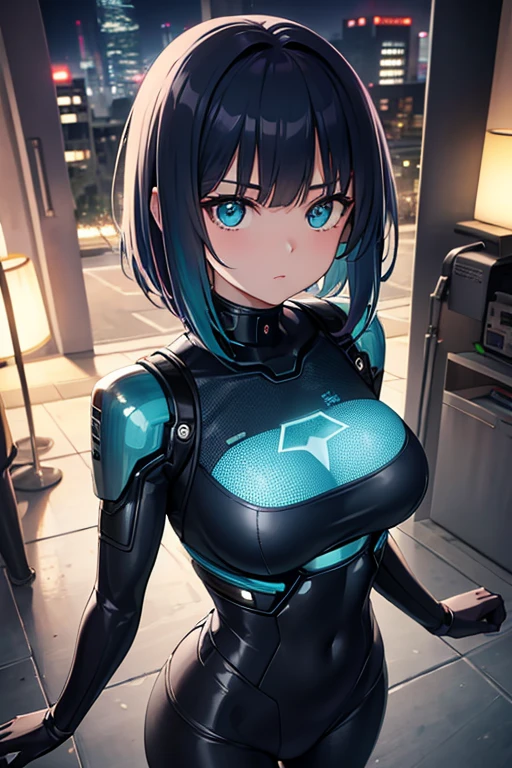 Striped Hair, Blunt bangs, crystal hair, Aqua Eye, From above, reflected light, Textured skin, (Attention to detail), ((Highest quality)), High resolution, 8k, Sci-fi spies, Cyberpunk World, Functional bodysuit, beautiful girl, Girl in the dark, cute, The facial details are particularly rich., Perfect lighting, moonlight, Shades, goddess, A ruined futuristic city