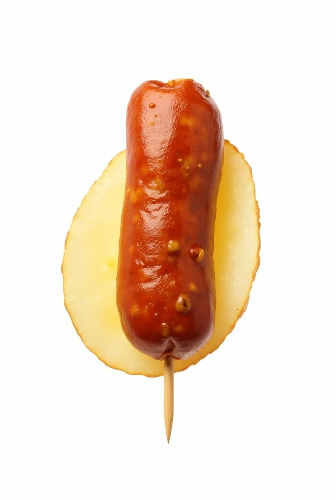 Piece of sausage semi wrapped in a slice of potato, stuck in a toothpick on transparent background png