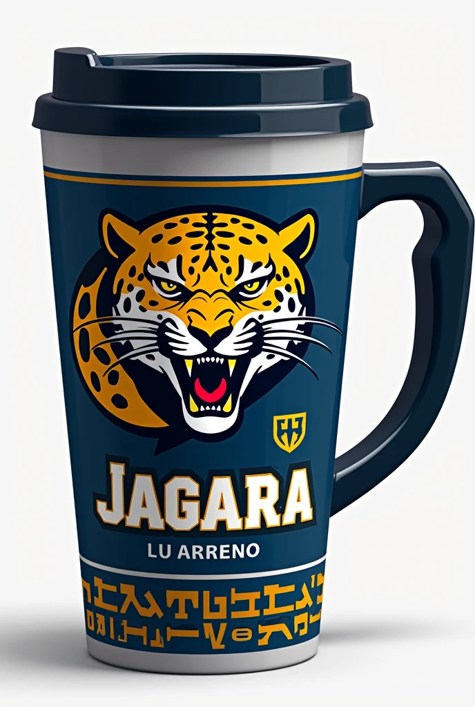 "Hello, I need your help to create a slogan for 'Atlética Predadora', a university athletic team with a jaguar mascot. The slogan must reflect power, mastery and excellence. Por favor, generate some impactful slogans that incorporate these elements and the concept of predator." Use visual elements with dark blue, white and gold, the jaguar with its original colors which is yellow with black tips. PROVIDE ME WITH AN IMAGE OF WHAT AN ATLÉTICA MUG WITH A STRAP WITH THE NAME OF THE ATLÉTICA AND THE MEDICINE COURSE WOULD LOOK LIKE