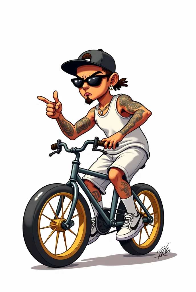 Cartoon illustration, of cholo with white tank tops, Bermuda shorts, white tennis shoes with black, black cap put backwards,with tattoos on his arms, dark glasses,with high white socks, with the shaved cut, goatee, on a crappy bike with big gold cholo wheels and high handlebars, pointing forward,with an annoyed expression ,WITH WHITE BACKGROUND 