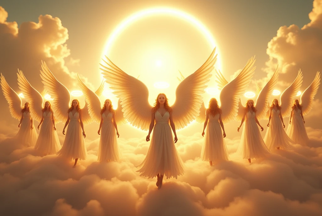 (masterpiece,top quality,high quality)), ((8K wallpaper unified with high definition CG)), (((Thirteen angels appear in the pre-dawn sky))), beautiful blond hair and thin robes fluttering, (Circle of Angels, angel halo), (rings of light above their heads, large wings of light on their backs:1.3), each of them holding a weapon in her hand and looking down on the city from above, view from below,