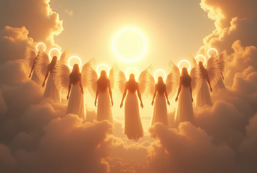 (masterpiece,top quality,high quality)), ((8K wallpaper unified with high definition CG)), (((Thirteen angels appear in the pre-dawn sky))), beautiful blond hair and thin robes fluttering, (Circle of Angels, angel halo), (rings of light above their heads, large wings of light on their backs:1.3), each of them holding a weapon in her hand and looking down on the city from above, view from below,
