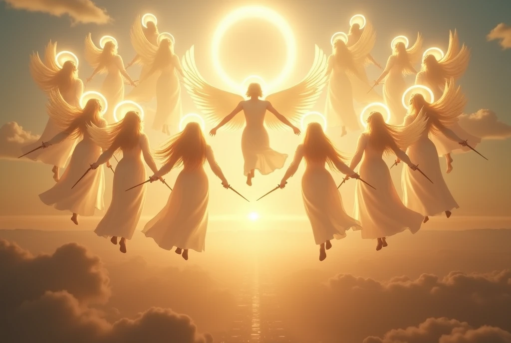 (masterpiece,top quality,high quality)), ((8K wallpaper unified with high definition CG)), (((Thirteen angels appear in the pre-dawn sky))), beautiful blond hair and thin robes fluttering, (Circle of Angels, angel halo), (rings of light above their heads, large wings of light on their backs:1.3), each of them holding a weapon in her hand and looking down on the city from above, view from below,