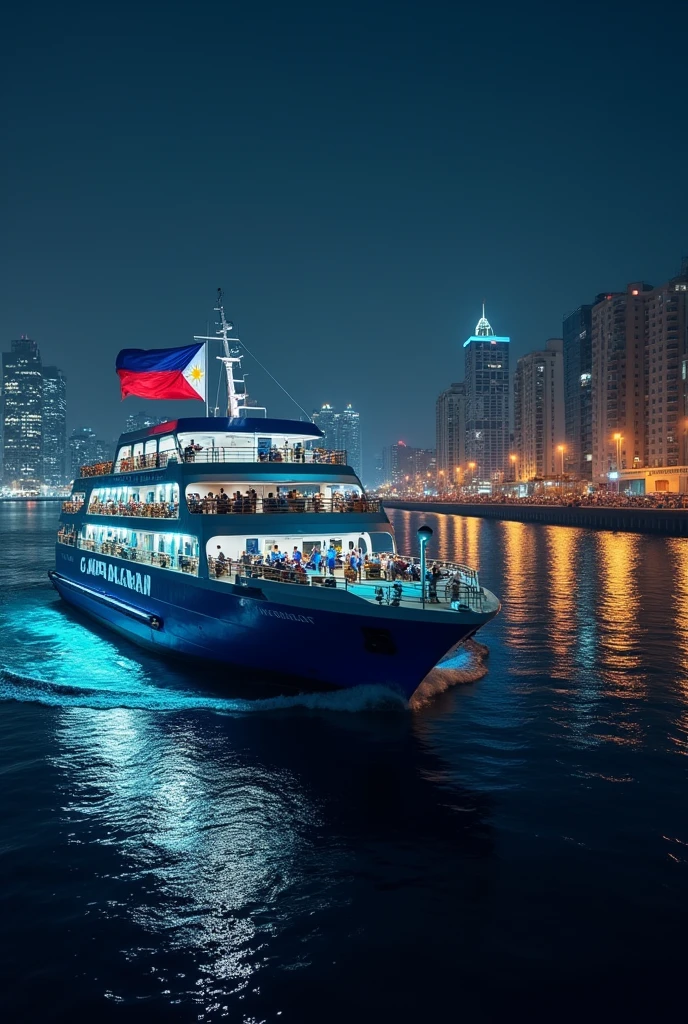 A Cruise car ferry named MS Catbalogan is leaving manila port at night with a blue hull and a philippine flag