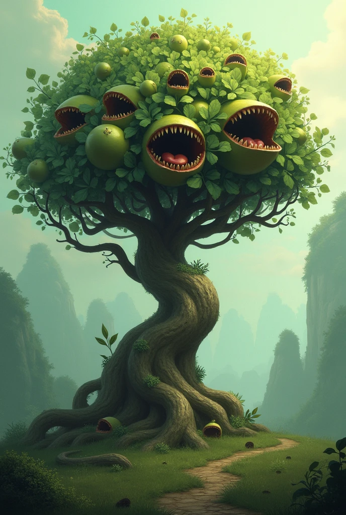 Screaming human heads growing from an apple tree in the countryside, blood, gore 