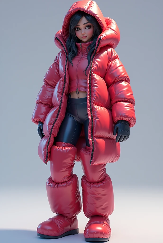 full picture, realist, Tracer from Overwatch sealed inside her hooded glossy overfilled thick duvetica down vest covering her glossy longsleeved latex topwear, her shiny legging, her full-foot glossy hyper padded overfilled thick inflated puffer slipers, a masterpiece, high details, high quality, high resolution
