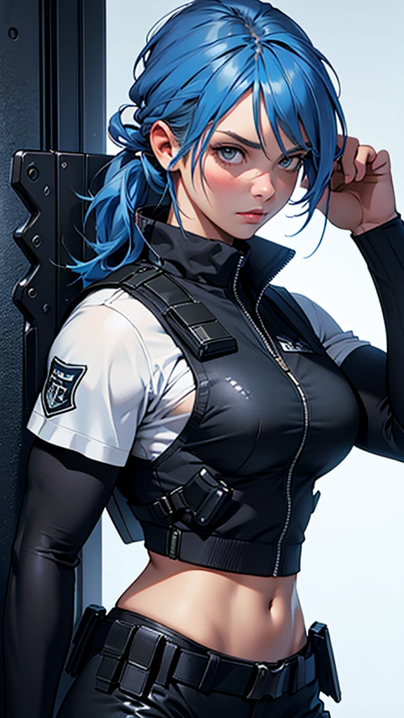 Beautiful girl detailed muscles realistic masterpieces (best quality,ultra-detailed), robin blue hair, fair skin, fit body, slim figure, narrow waist, (cocky expression), black SWAT uniform, heavy kevlar vest