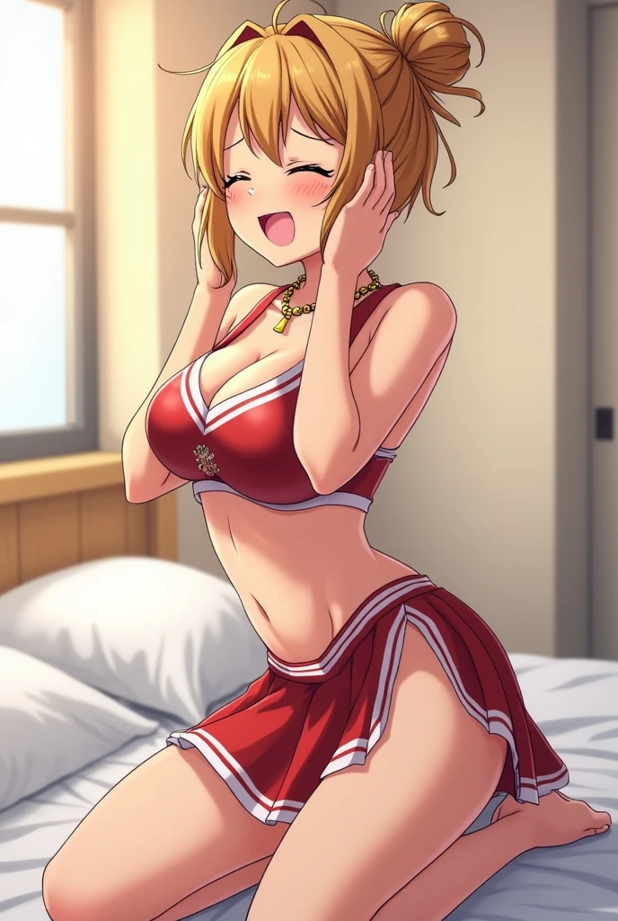 cheerleader , yawning with eyes closed , bun hair style , wearing necklace, on bed, kneeling with butts up, himiko toga, perfect breasts, sideboob, cleavage,