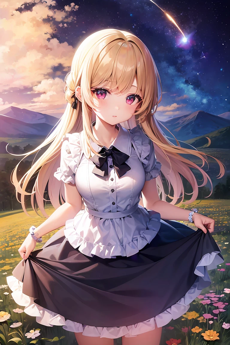 A girl on a meadow,Stars twinkling in the sky,Shining Star,milky way,I look up and see,masterpiece,Highest quality,最高masterpiece,Detailed anime art,Digital Art,