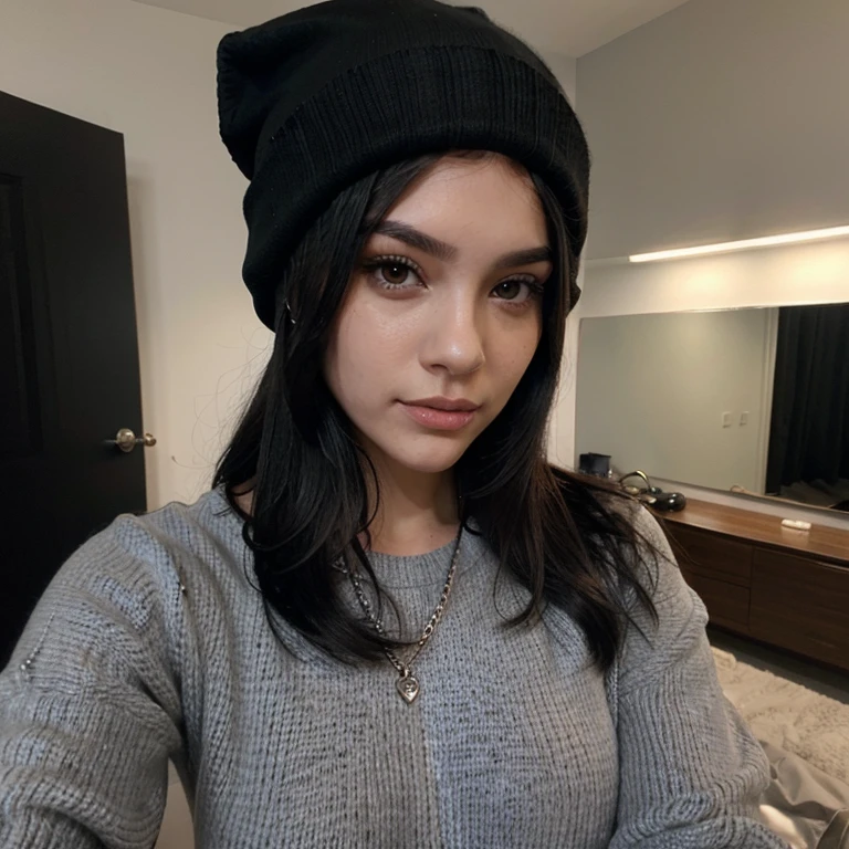 Sexy girl with long black hair taking a selfie in a black mask, a gray sweater and a black cap with a black beanie t silver chain
