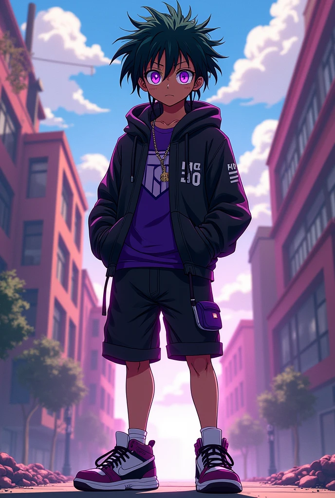 My Hero Academia, Dark Skin, Male, Freckles, , r, High schooler, Dreads, red, Black Outfit, Hero, male character, Black Shorts, sneakers, black Hoodie and black and purple shirt. Purple eyes. 