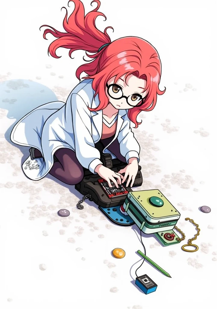 anime girl with red wavy hair and glasses, scientist girl, labcoat sitting on the ground fixing a machine toy, anime style, (short detailed:1.4), from girls frontline, fine details. girls frontline, girls frontline universe, girls frontline style, girls frontline, girls frontline cg, soft anime illustration, 2 0 2 2 anime style, 2022 anime style, pixiv contest winner, pretty anime character design, render of april