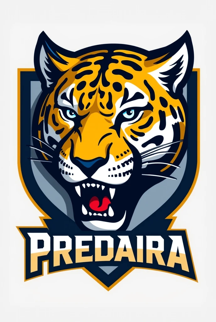 "Hello, I need your help to create a slogan for 'Atlética Predadora', a university athletic team with a jaguar mascot. The slogan must reflect power, mastery and excellence. Por favor, generate some impactful slogans that incorporate these elements and the concept of predator." Use visual elements with dark blue, white and gold, the jaguar with its original colors which is yellow with black tips. PROVIDE ME WITH AN IMAGE OF WHAT AN ATLÉTICA MUG WITH A STRAP WITH THE NAME OF THE ATLÉTICA AND THE MEDICINE COURSE WOULD LOOK LIKE