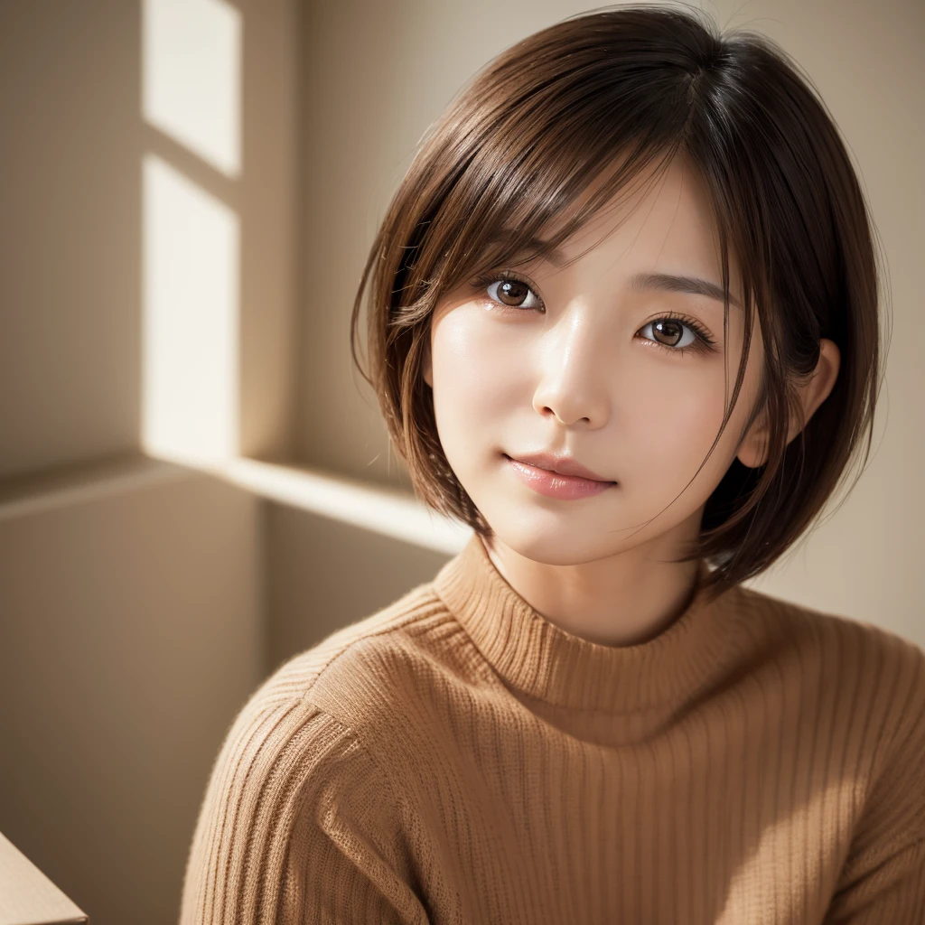 Highest quality, Face Focus, Soft Light, Ultra-high resolution, (Realistic:1.4), RAW Photos, 1 Japanese female, alone, cute, (A shy smile:0.5), (Brown eyes, light in your eyes), Beautiful face in every detail, (Small Box),(High resolution detail of human skin texture), (Short Bob Hair), She is wearing a tight knit sweater。