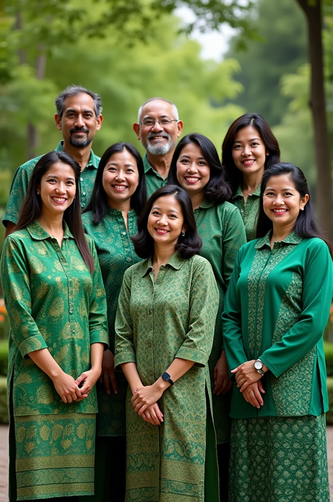 Group of teachers pose for photos wearing green batik