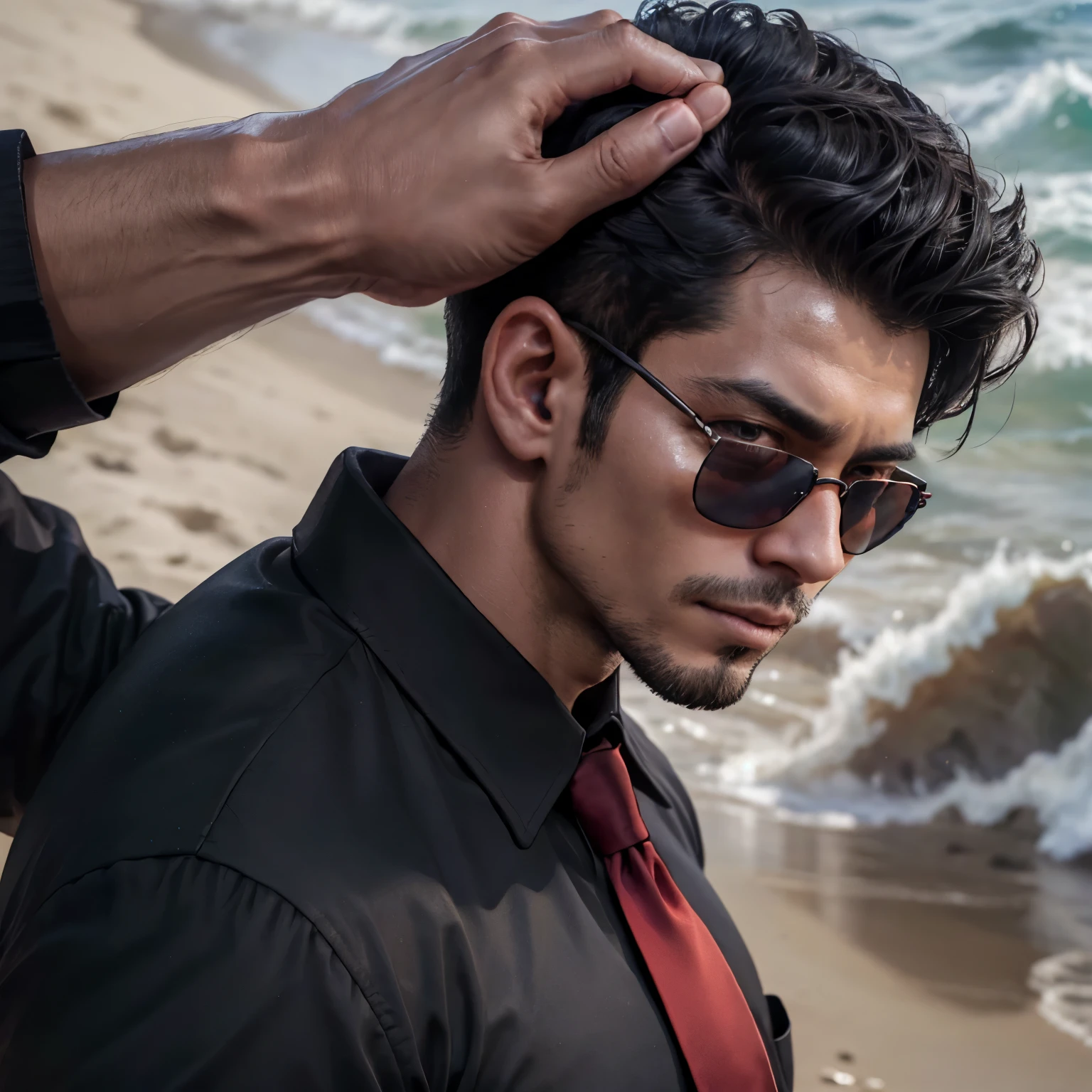 3,One Man,、Handsome。Black Shirt、Red tie、Black gloves、Dhaka - Fighters、Ocean、On the sand ,,logic,Gay ,Very short hair、 ,Asian Face,、 Handsome Black sunglasses Close-up of face