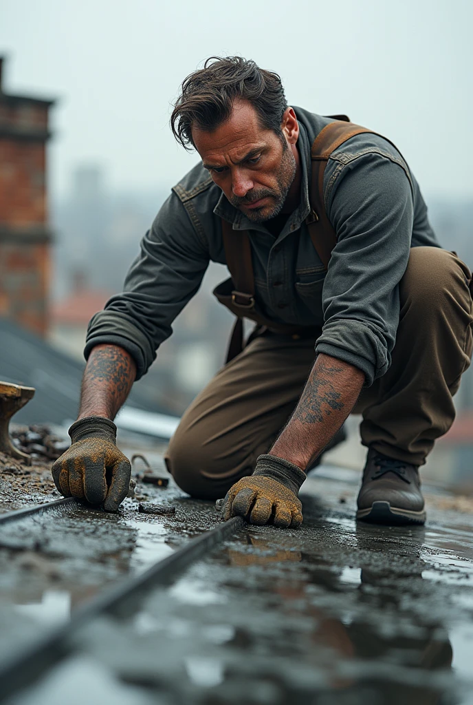 A man waterproofing a roof that has water leaks