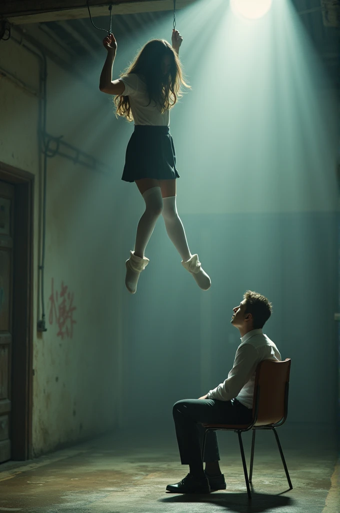 Scene of female student wearing white thigh high socks hanging herself to death ,hovering in the air , a man sitting on the ground in panic with a chair on the ground 