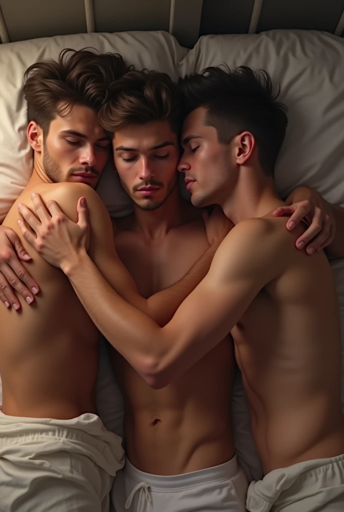 Group of 3 young men hugging each other lying on a bed shirtless gay art ! Handsome, chest hair, short hair, cinematic texture, aesthetic, romantic