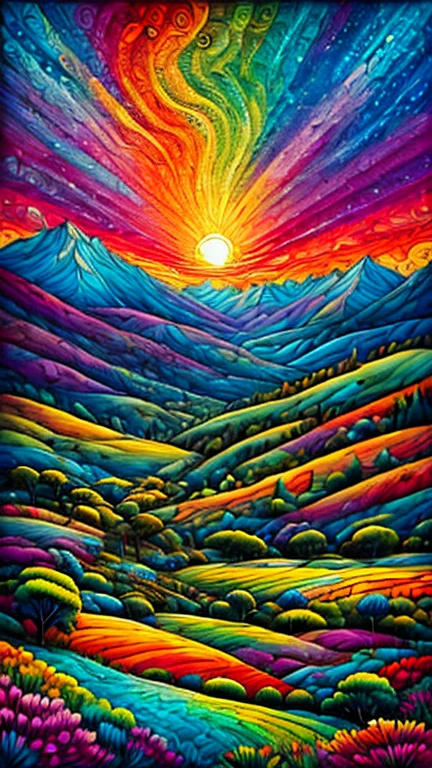 a painting of a colorful landscape with a tree and mountains, colorful landscape painting, psychedelic landscape, vibrant oil painting, vivid abstract landscape, color field painting. 8k, extraordinary colorful landscape, detailed impasto, colorful oil painting, psychedelic sky, mountains and colorful sunset!!, painted landscape, colorful sky, mythical floral hills, sunset psychedelic, colorful sunset, large colorful images