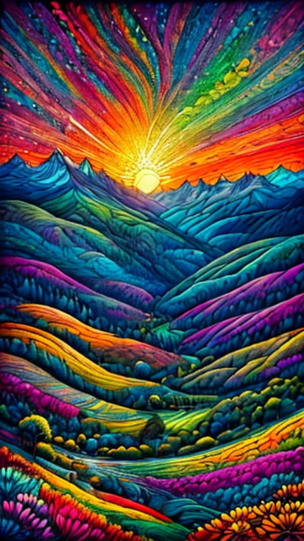 a painting of a colorful landscape with a tree and mountains, colorful landscape painting, psychedelic landscape, vibrant oil painting, vivid abstract landscape, color field painting. 8k, extraordinary colorful landscape, detailed impasto, colorful oil painting, psychedelic sky, mountains and colorful sunset!!, painted landscape, colorful sky, mythical floral hills, sunset psychedelic, colorful sunset, large colorful images