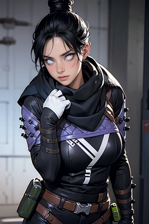 Foto de corpo inteiro, wraith (apex legends), Breasts huge, pose sexy, athletic body, 1 girl, solo, hair bun simples, hair bun, scarf, holding, Bblack hair, black scarf, breasts big, blue colored eyes, bangss, bangss distributed, Hair behind the ear, mitts, piercing no nariz, mitts pretas