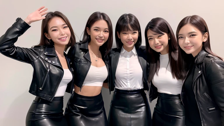 Wide-angle shot, Highest quality,masterpiece,Ultra-high resolution,Black leather jacket、Black Leather Skirt、(((Four beautiful girls with lovely smiles)))、