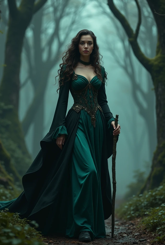 Kae, the European Elf Queen from Dungeons and Dragons, best quality, ultra-detailed CG unity 8k wallpaper, walking, high resolution, dynamic pose, beautiful face, (Hazel eyes:1.2, dark brown hair:1.3, side parted bangs, shoulder length hair:1.4, curly hair, flowing jade and black dress, tiny boobs), depth of field, dark medieval forest, dark light, night time), (high fantasy), holding a druid staff