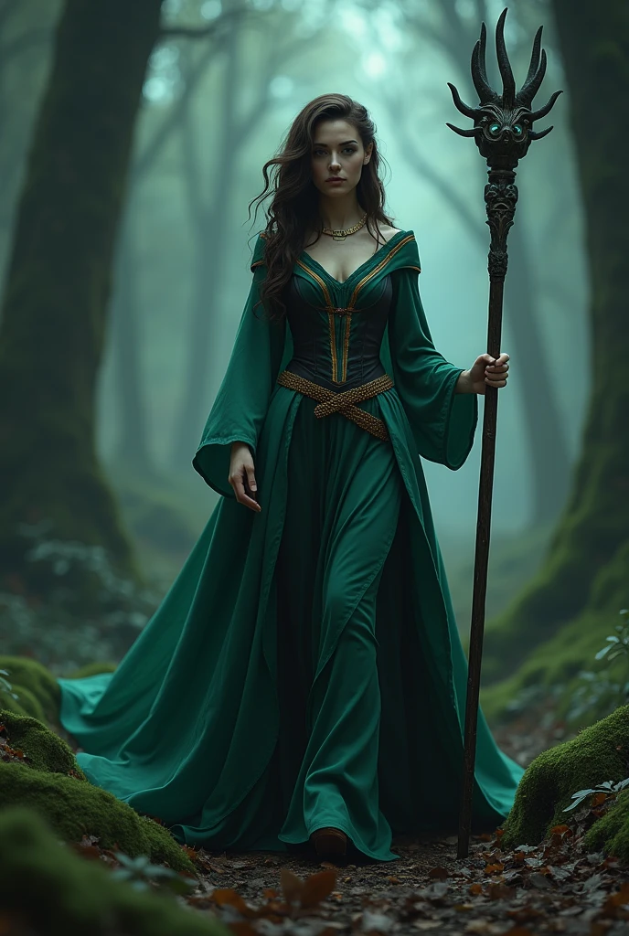 Kae, the European Elf Queen from Dungeons and Dragons, best quality, ultra-detailed CG unity 8k wallpaper, walking, high resolution, dynamic pose, beautiful face, (Hazel eyes:1.2, dark brown hair:1.3, side parted bangs, shoulder length hair:1.4, curly hair, flowing jade and black dress, tiny boobs), depth of field, dark medieval forest, dark light, night time), (high fantasy), holding a druid staff