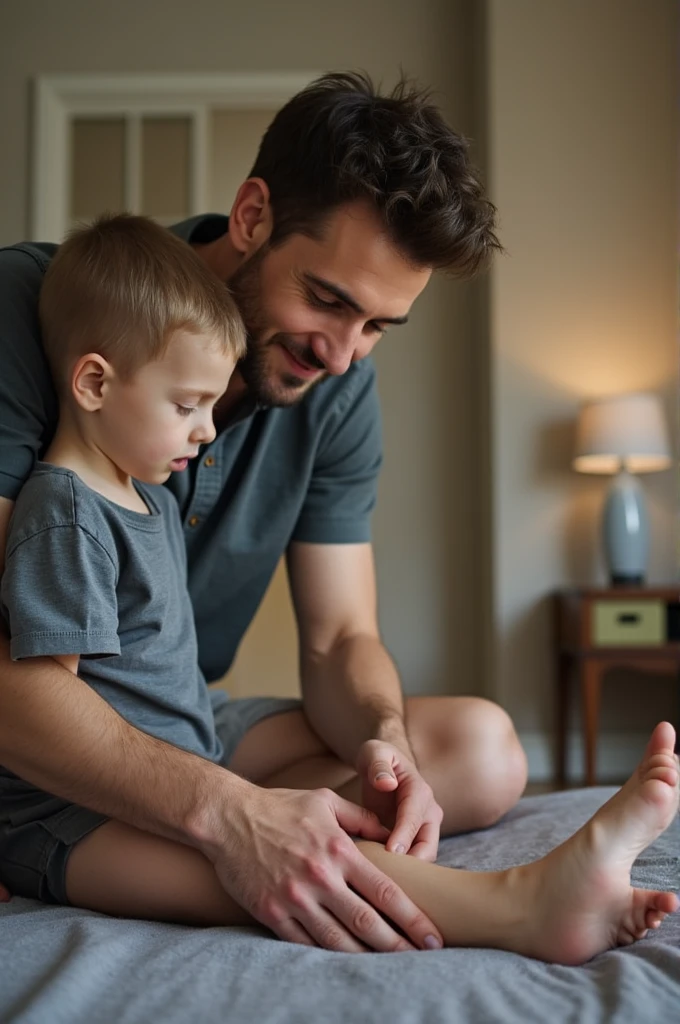 The son is massaging his father's feet
