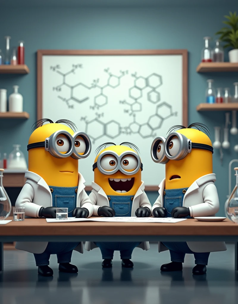 The laboratory is in a neat state., orderly. Minion Kevin, Bob and Stuart in scientist suits are gathered at a lab table., with a whiteboard behind filled with complex chemical formulas and detailed notes.