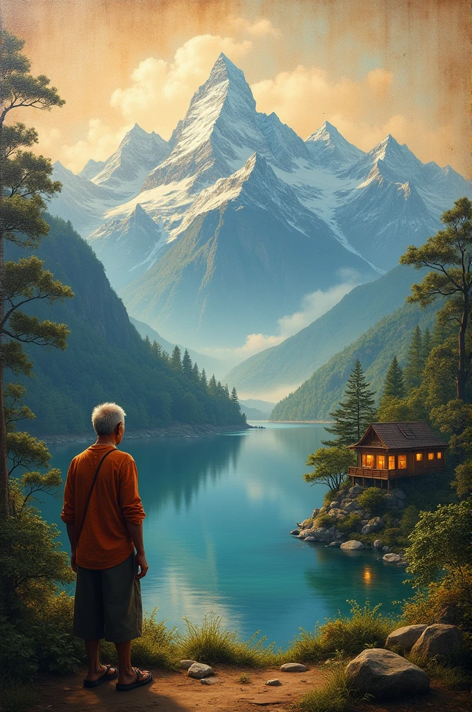 Official Art,Mountains,mountain peak,lake,beside,parchment,Nitti 8K Wallpaper, Extremely detailed, beautiful and aesthetic, masterpiece, best quality, atmosphere, Modernist oil painting, Treetop Village, Indoor light。
An Indonesia old man slightly skinny, slightly bald and wrinkles