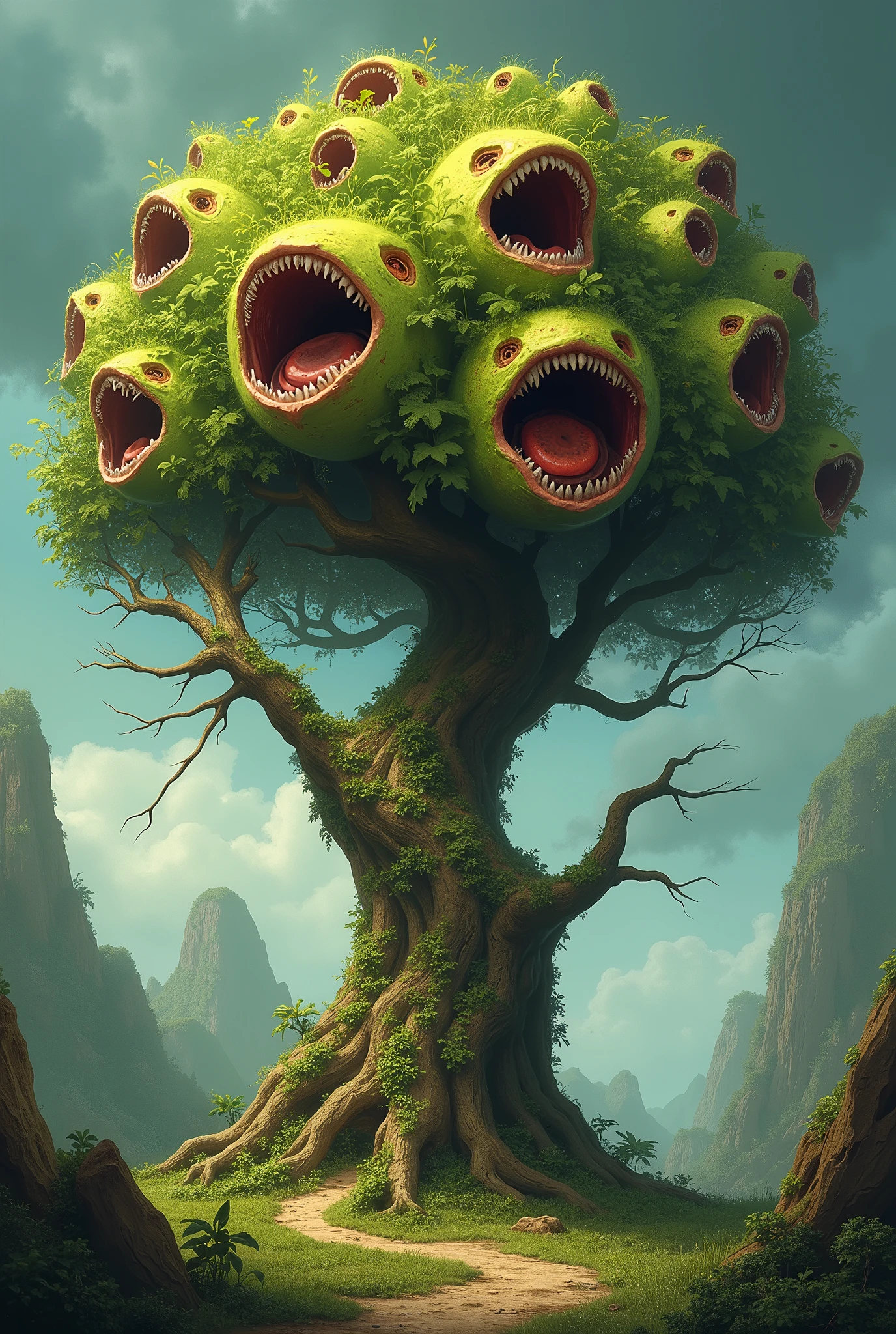 Generates a leafy tree but with mouths as if they were fruits
