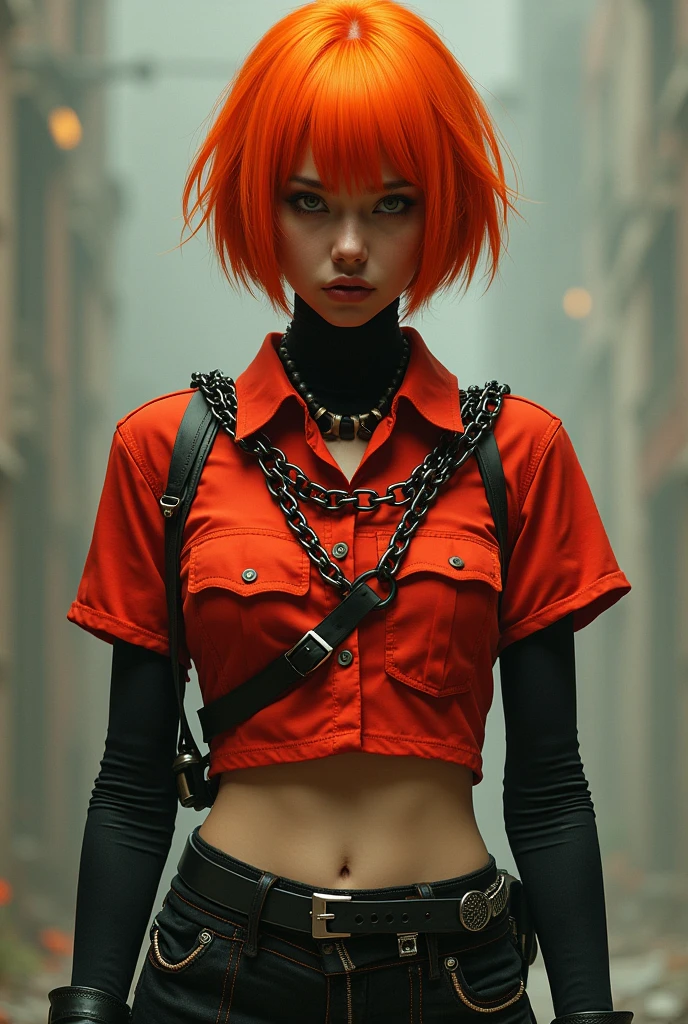 A female character with short orange hair, and a short red shirt with chains, and gloves and no head
