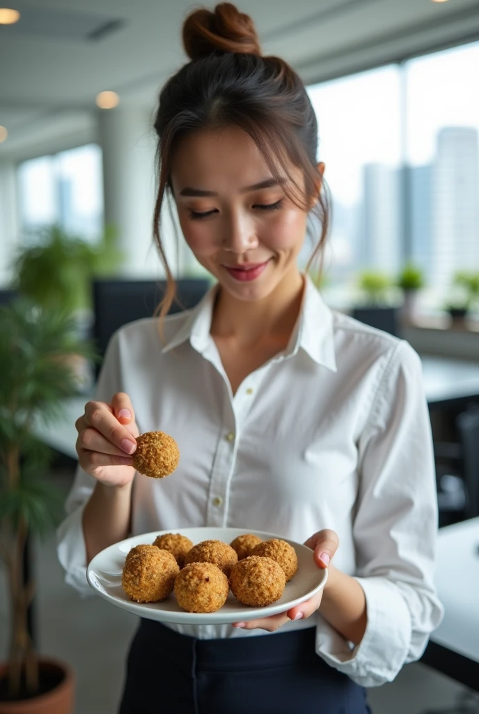 Secretary eating amaranth balls