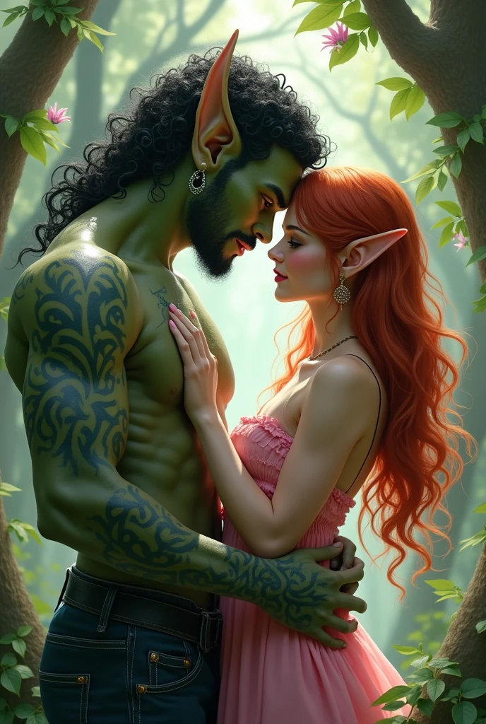 A man half trool alin and half human, leaf tattoo , they are the axis, he is strong and big and has curly black hair and wears earrings. Has human eyes and elf ears. Forest and magic scenery, he is touching humsna modems face and beautiful and "gorda,"beautiful and young and cute with red hair and green eyes , pink dress