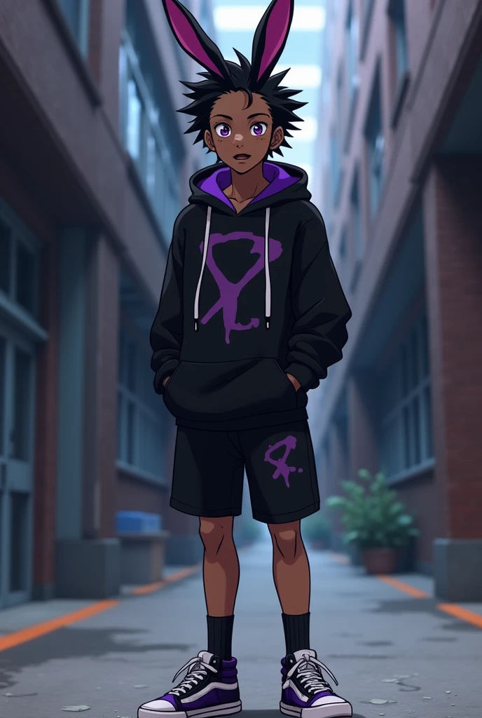 My Hero Academia, Dark Skin, Male, Freckles, , r, High schooler, Dreads, red, Black Outfit, Hero, male character, Black Shorts, sneakers, black Hoodie and black and purple shirt. Purple eyes. Rabbit ears