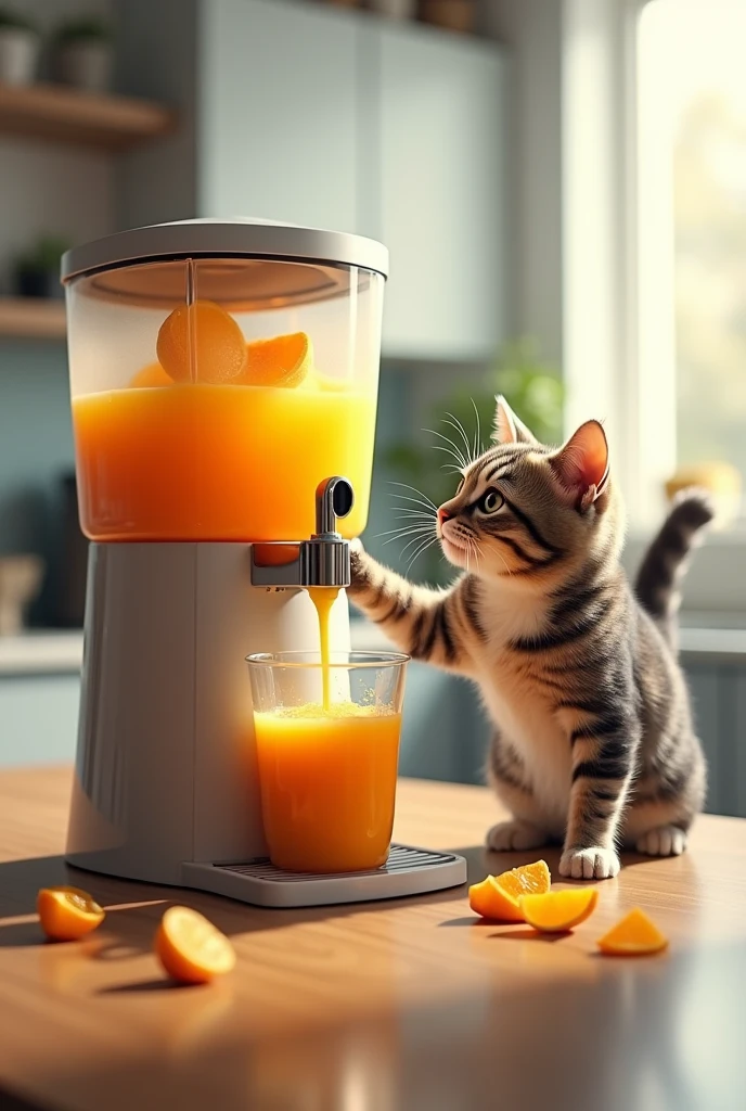 masterpiece、 Highest quality, Highly detailed、8k、 High resolution,  Fresh juice dispenser、Cat wants to drink juice、