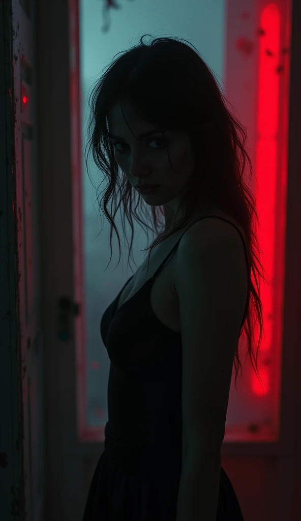 A woman symbolizing dark and fatigue, psychology, fatigue, manipulation, dark, red, and dark Neon.