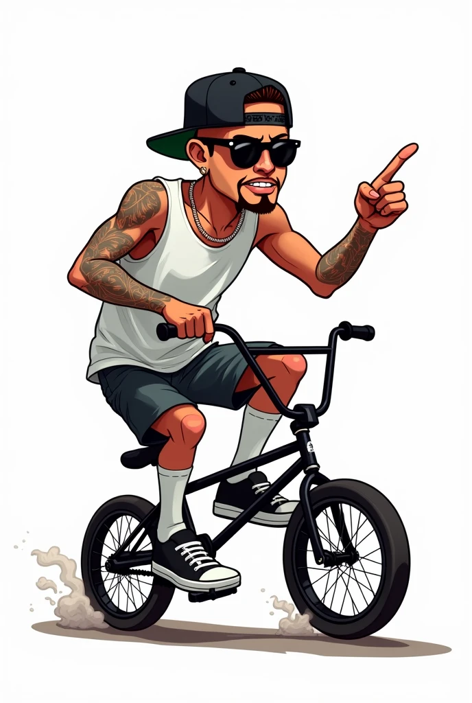 Cholo cartoon illustration, with white tank top, baggy pants, WHITE TENNIS,dark lenses tattooed arms, angry expression,smoking a marijuana cigarette, head shaving, riding a gold-colored, high-handlebar hobo bike, on white background 