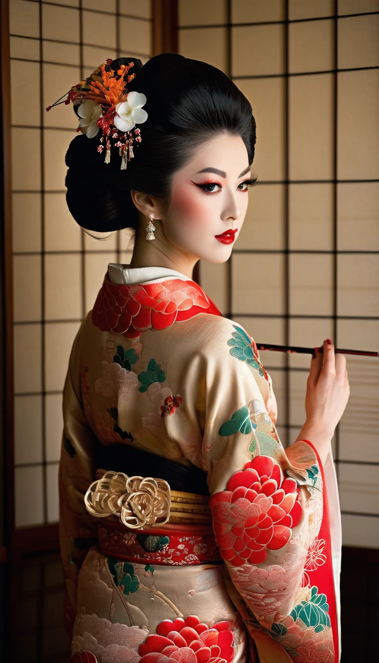 8k, RAW photo, best quality, masterpiece, realistic, photo-realistic, clear, professional lighting, beautiful face, best quality, ultra high res, "A highly detailed scene capturing a traditional Japanese oiran, standing in a serene, softly-lit room by a shoji screen. She is dressed in an elaborate, richly patterned kimono with vibrant floral and crane motifs. Her hairstyle is the classic oiran style, adorned with intricate kanzashi hairpins. She holds a small, delicate hand mirror with a floral design, her makeup is traditional, with pale skin, red lips, and a red and black eye makeup. The lighting is warm and creates a cinematic, dramatic effect with soft shadows. The background includes a hint of traditional Japanese decor with a view of a calm interior space."