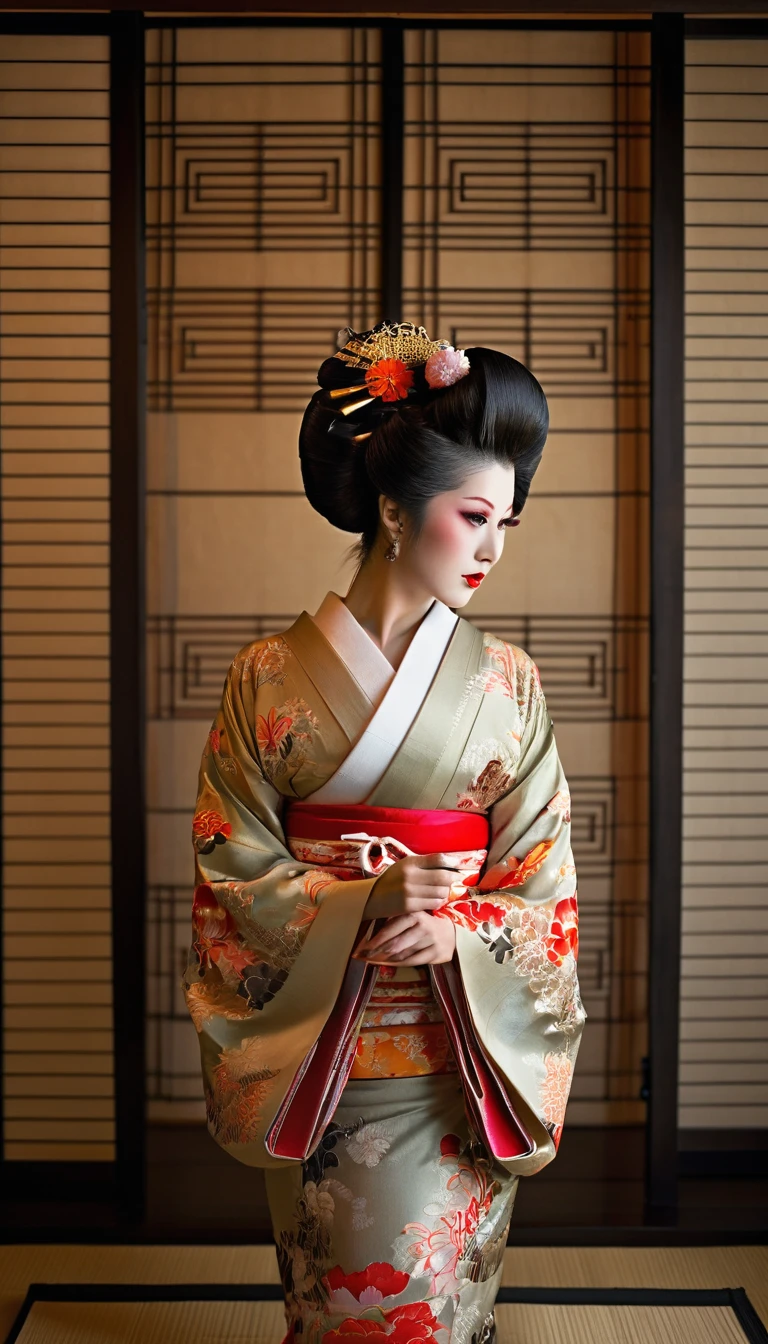 8k, RAW photo, best quality, masterpiece, realistic, photo-realistic, clear, professional lighting, beautiful face, best quality, ultra high res, "A highly detailed scene capturing a traditional Japanese oiran, standing in a serene, softly-lit room by a shoji screen. She is dressed in an elaborate, richly patterned kimono with vibrant floral and crane motifs. Her hairstyle is the classic oiran style, adorned with intricate kanzashi hairpins. She holds a small, delicate hand mirror with a floral design, her makeup is traditional, with pale skin, red lips, and a red and black eye makeup. The lighting is warm and creates a cinematic, dramatic effect with soft shadows. The background includes a hint of traditional Japanese decor with a view of a calm interior space."